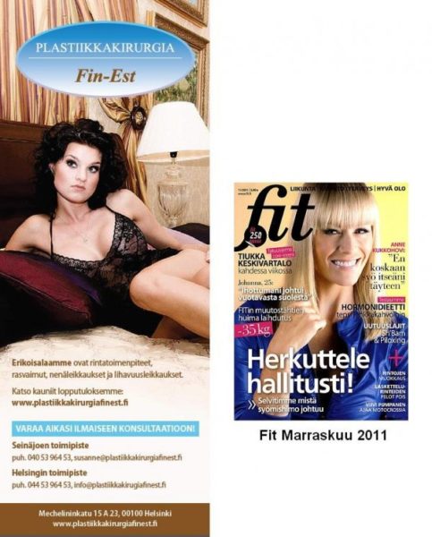 Plastiikkakirurgia Finest mainos Fit-lehdessä.